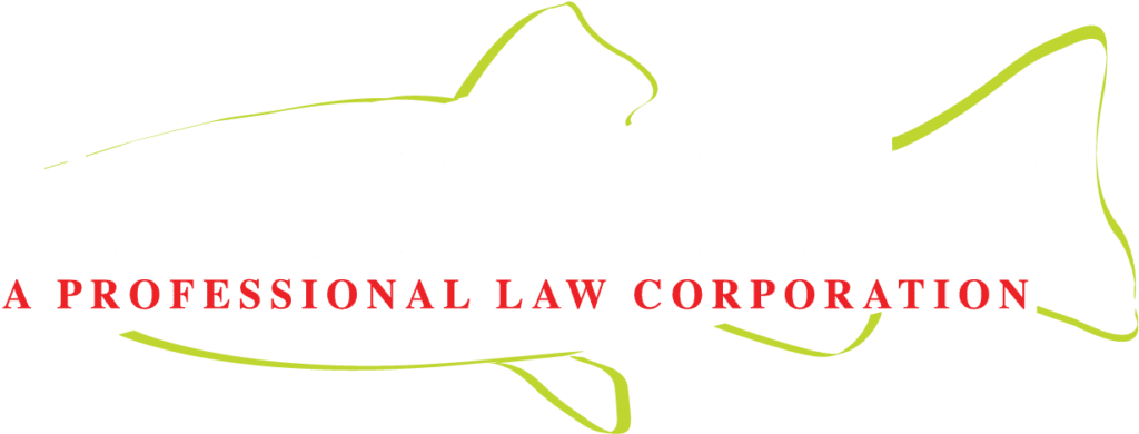 white and red rensch law logo with green fish outline