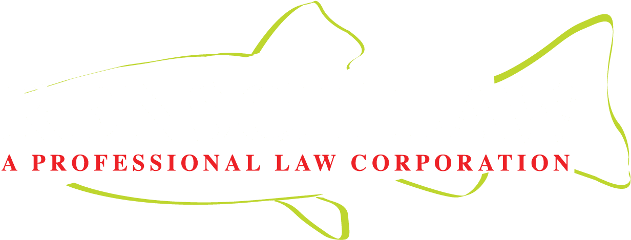 white and red rensch law logo with green fish outline