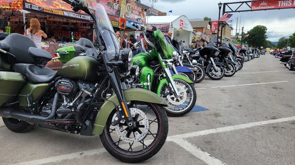 Motorcycles lined up on main street during the 2025 Sturgis Motorcycle Rally